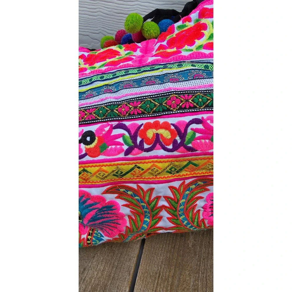Hmong Embroidered Tote Bag Pink Floral Bird Pom Pom Bohemian Shoulder Bag Large